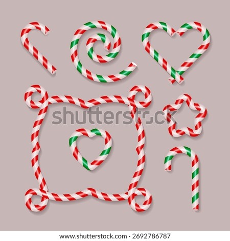 Candy cane Christmas decorations ser, loopy frame, red white straight sticks, spiral, star. Geometric realistic 3d design. Collection New Year Holiday elements. Xmas Striped candy cane. Vector