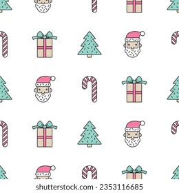 Candy cane christmas gifts trees seamless pattern festive background