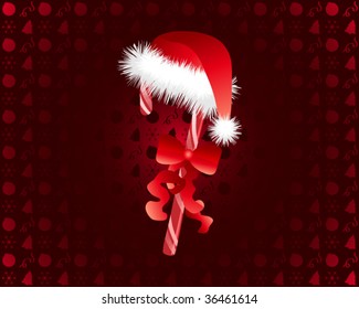 candy cane in a christmas hat on dark red background with christmas icons