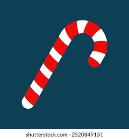 Candy Cane Christmas Icon on Blue Background. A simple vector illustration of a classic red and white candy cane on a dark blue background, perfect for holiday themes and festive decoration