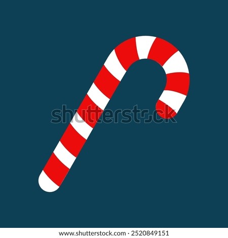 Candy Cane Christmas Icon on Blue Background. A simple vector illustration of a classic red and white candy cane on a dark blue background, perfect for holiday themes and festive decoration