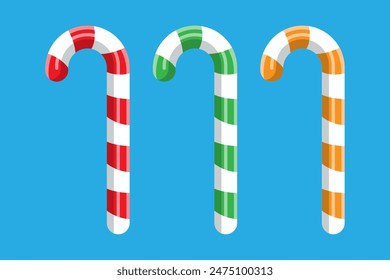 Candy cane. Christmas candy. Lollipop stick sweetness candycane. Happy new year decoration. Merry christmas holiday. New year and xmas celebration. Vector illustration in flat style