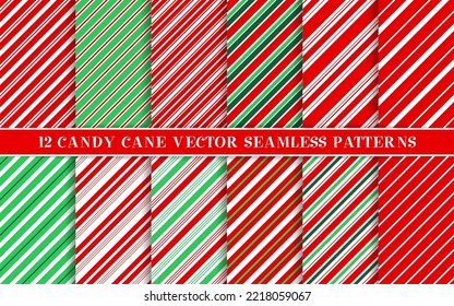 Candy cane christmas pattern. Vector seamless Christmas striped backgrounds. Red, green, white, peppermint wrapping texture. Xmas holiday diagonal stripes. Set of cute caramel package geometric prints