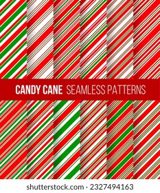 Candy cane Christmas patterns. Red, white and green stripes background of vector Xmas holiday sweets. Christmas peppermint lollipop or Xmas stick candy geometric patterns set with color diagonal lines