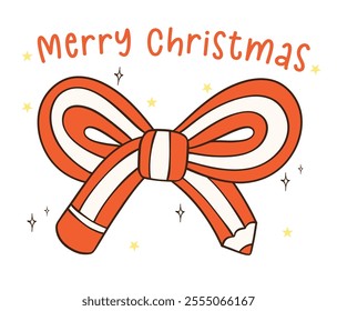 Candy Cane Christmas Pencils in bow shape Retro Hand Drawn Cartoon Doodle with Festive Vibes