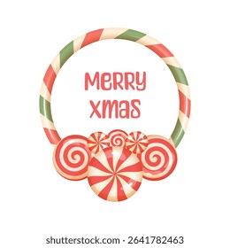 Candy cane Christmas poster with round frame and Merry Xmas text