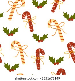 Candy cane Christmas seamless pattern. Traditional Christmas food for celebration of New Year. Winter holiday bakery and treats, repeating print. Colored flat vector illustration