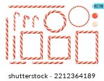 Candy cane Christmas set decorations, square frame, round ring frame, red white straight lines, realistic 3d design. Collection New Year Holiday elements. Xmas Striped candy cane. Vector illustration