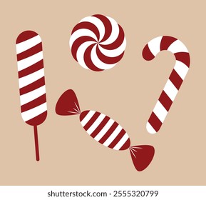 Candy Cane. Christmas candy cane. Christmas stick. Traditional xmas candy with red and white stripes. Santa caramel cane. Perfect for festive themes and festive decorations