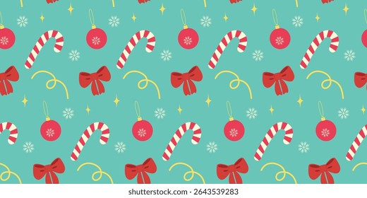 Candy Cane Christmas Toy Snowflake Decorative star Seamless Pattern Winter Holidays Festive Backdrop