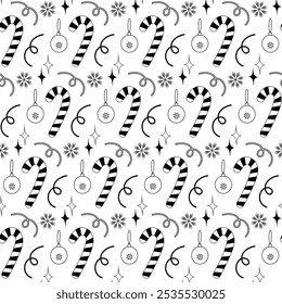 Candy Cane, Christmas tree toys, snowflakes, serpentine and stars Seamless pattern in trendy doodle