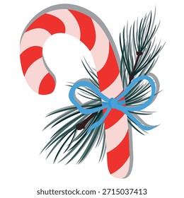 Natal de cana-de-doce, desenho vetorial. Pirulito com ramos de coníferas sobre fundo branco.