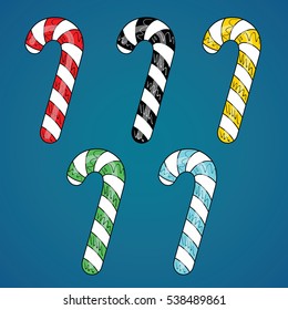Candy cane christmass striped set on blue background. New year collection of colorful sticks for decoration your site. Candycane icons kit