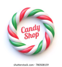 Candy cane circle frame on white background. Swirl hard candy round border with copy space.