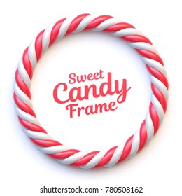 Candy cane circle frame on white background. Swirl hard candy round border with copy space.