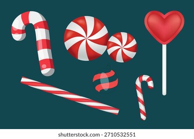 Conjunto de Clipart de Cana de Doce - Doce de Natal Vermelho e Branco, Redemoinho de hortelã-pimenta, Lollipop e doce coleção de vetor de tratamento de férias