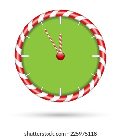 Candy cane clock already midnight isolated on white background