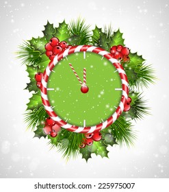 Candy cane clock with holly sprigs and pine branches in snowfall on grayscale background