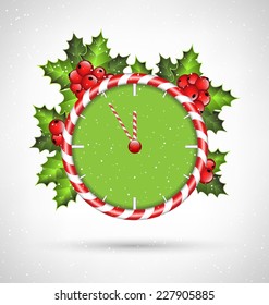 Candy cane clock with holly sprigs in snowfall on grayscale background