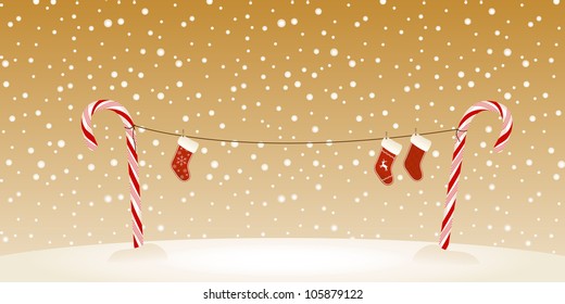 Candy cane clothesline Christmas retro card. Vector
