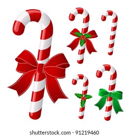 Candy Cane Collection With Ribbon And Holly . Vector