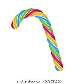 Candy cane with colorful stripes. Christmas sweet treat.
