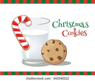 A candy cane cookie hanging on a glass of milk.