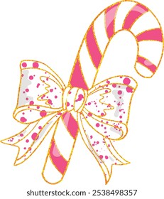 Candy cane with coquette bow glitter. Art and Illustration