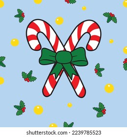 Candy cane cross with red bow and holly around background