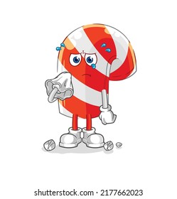 the candy cane cry with a tissue. cartoon mascot vector