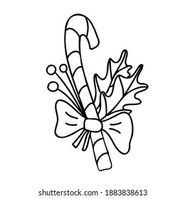 Candy cane decorated with ribbon bow and leaves and berries. Doodle cartoon vector illustration for Christmas design. Hand drawn sketch, black outline.