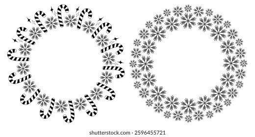 Candy Cane Decorative Stars Various scale snowflakes Circular Frame border Copy space Template Set 2