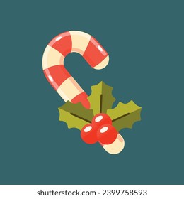 Candy cane design and Christmas berry. Flat vector illustration isolated on white background.