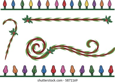 Candy cane design elements, with Christmas lights and Holly. File contains no gradients.