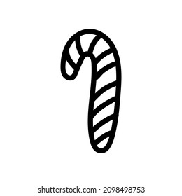 Candy cane doodle isolated on white background. Cartoon of cane vector icon