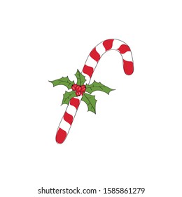 Candy Cane Embellished With Mistletoe With Red Berries, Cute Candy Cane Illustration, Minimalist Peppermint Candy Cane Drawing
