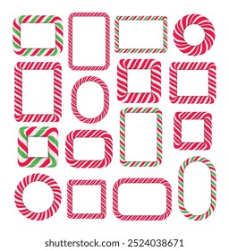 Candy cane empty frames collection. Traditional Christmas sweets decorations for design of greeting cards and gifts. 