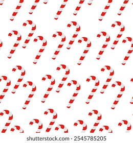 Candy cane. Endless vector pattern. Continuous Christmas ornament of striped red and white lollipops. Isolated colorless background. Flat style. Idea for web design.