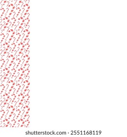 Candy cane. Endless vertical border. Striped red and white lollipops of different sizes. Continuous vector pattern. Isolated colorless background. Flat style. Idea for web design.