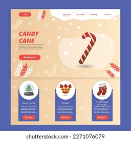 Plantilla del sitio web de la página de aterrizaje plana de caña de caña de caña de caña. Globo de nieve, petardo, repoblación de navidades. Banner web con encabezado, contenido y pie de página. Ilustración vectorial.