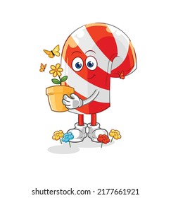 the candy cane with a flower pot. character vector