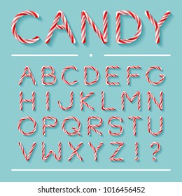 Candy Cane Font. Bright twisted red and white lollypop letters with light grey shadow isolated on mint background. Uppercase characters, exclamation and question marks. Realistic glossy style.