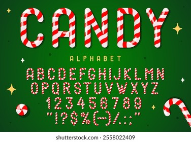 Candy cane font, Christmas lollipop typeface, xmas caramel type, holiday sweet alphabet with numbers and symbols. Vector festive sweet striped typeface letters, numerals and signs evokes New year joy