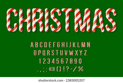 Candy cane font, Christmas type and lollipop typeface, Xmas holiday caramel alphabet, vector ABC. Christmas sweets typeface or caramel type of candy cane red stripes for winter holiday New Year font