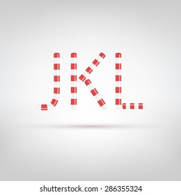 Candy cane font. Letters made with sweet candies. Best for Christmas greetings or birthday party invitations. Isolated letters on white background. Letters J, K, L.