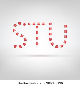 Candy cane font. Letters made with sweet candies. Best for Christmas greetings or birthday party invitations. Isolated letters on white background. Letters S, T, U.