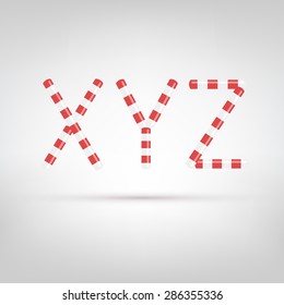 Candy cane font. Letters made with sweet candies. Best for Christmas greetings or birthday party invitations. Isolated letters on white background. Letters X, Y, Z.