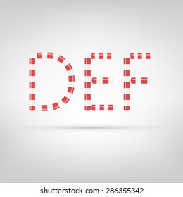 Candy cane font. Letters made with sweet candies. Best for Christmas greetings or birthday party invitations. Isolated letters on white background. Letters D, E, F.