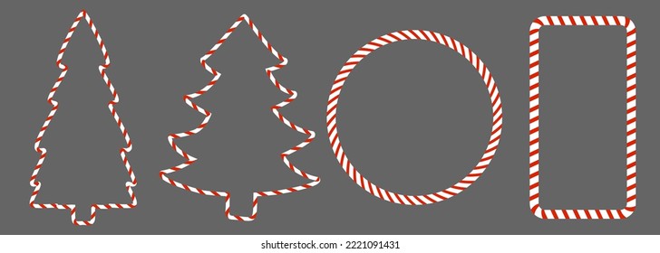 Candy candy cane in form of circle, shape of Christmas tree. White red border. Vector isolated.