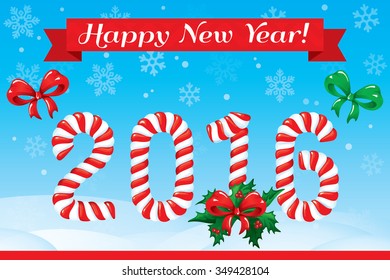 Candy cane in the form of numbers with fir tree and bows. Happy New 2016 Year!  Decorative christmas snowflakes make feeling of holiday.